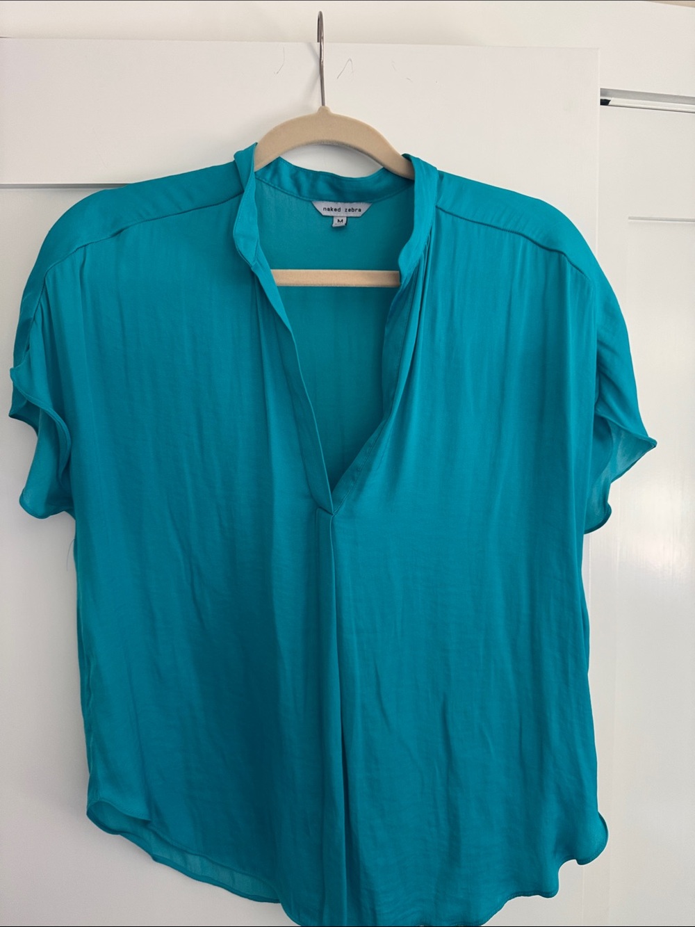 Naked Zebra Vibrant Teal Short-Sleeve Split-Neck Blouse